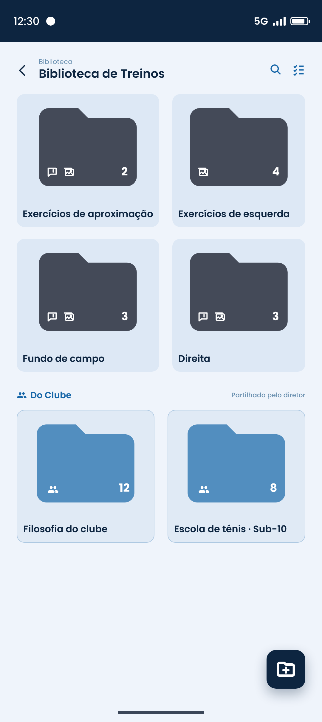 Biblioteca de treinos com as pastas partilhadas pelo diretor