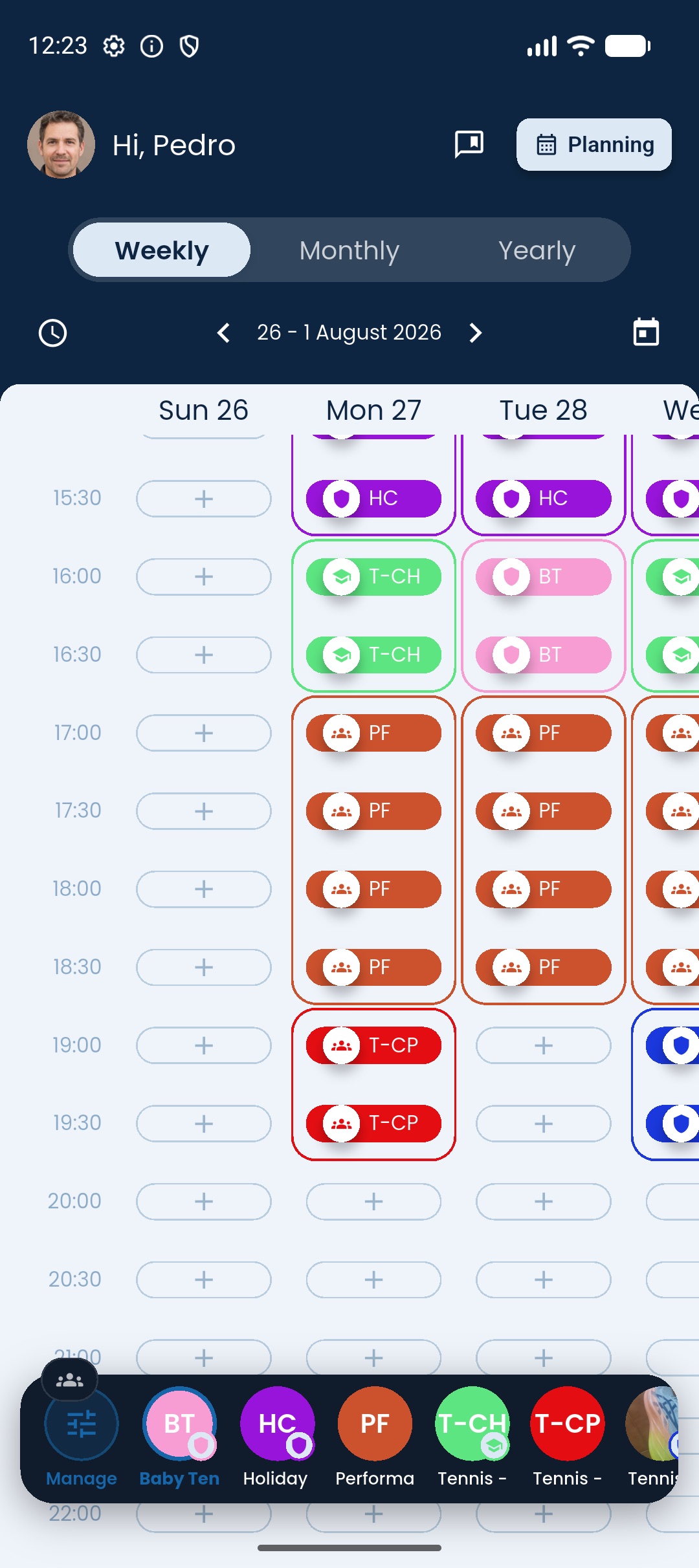 Calendário semanal de treinos no CoachPlanner+
